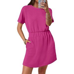 Anrabess Women Hot Pink Crew Neck Elastic Waist Mini T Shirt Dress With Pocket